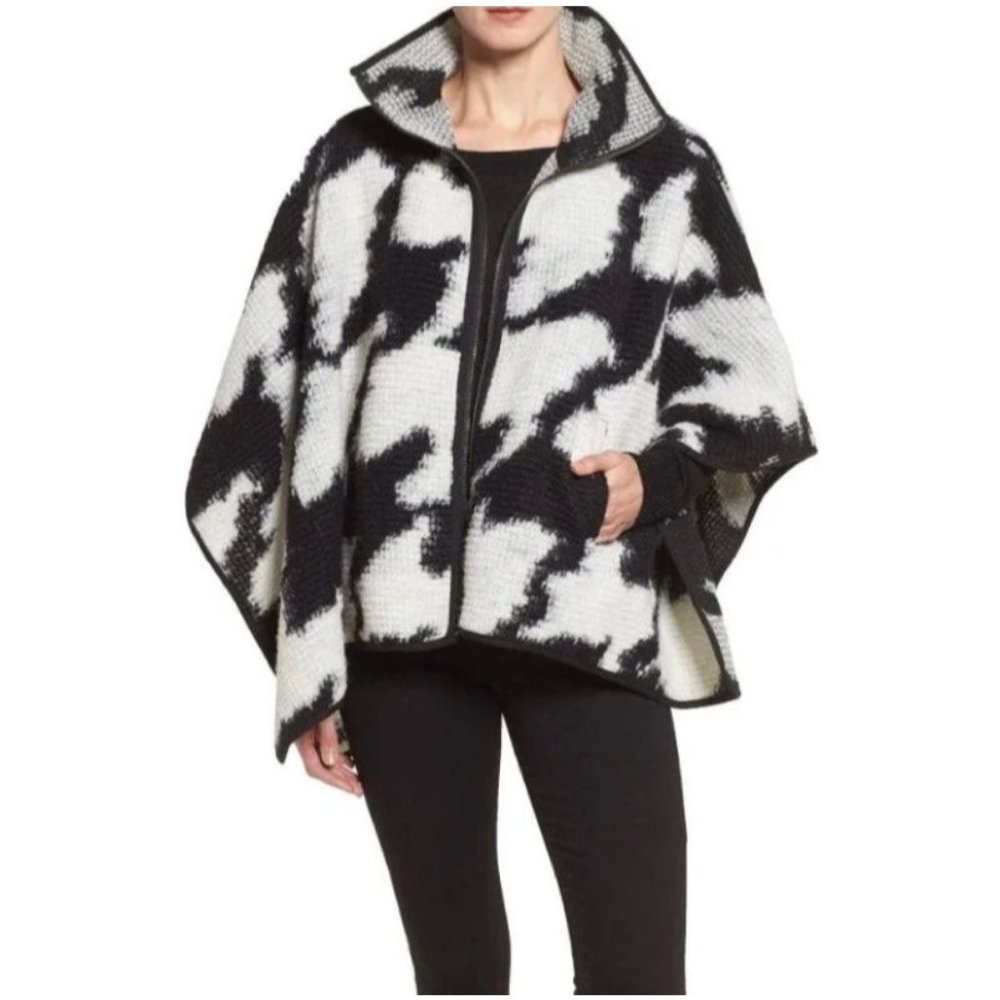 French Connection Black & White Wool Blend Zip Front Poncho S/M - Picture 16 of 16
